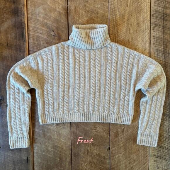 JONDIE Cable Knit Turtleneck Cropped Sweater | Beige | Women’s Small | Boxy Fit - Picture 2 of 9